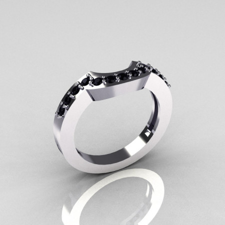Reserved for Kurt – Classic 14K White Gold Black Diamond Magic Band Matching Solitaire Wedding Ring R301-M-14WGDBL-1