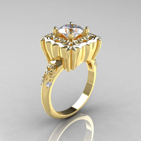 Modern Antique 10K Yellow Gold 1.0 Carat White Sapphire Diamond Engagement Ring AR116-10KYGDWS-1