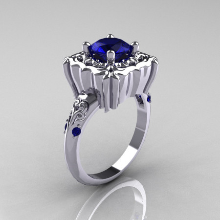 Modern Antique 10K White Gold 1.0 Carat Blue Sapphire Engagement Ring AR116-10KWGBLS-1