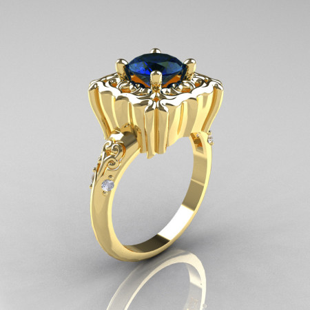 Modern Antique 18K Yellow Gold 1.0 Carat London Blue Sapphire Diamond Engagement Ring AR116-18KRGDLBS-1