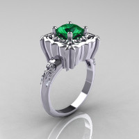 Modern Antique 14K White Gold 1.0 Carat Emerald Diamond Engagement Ring AR116-14KWGDEM-1