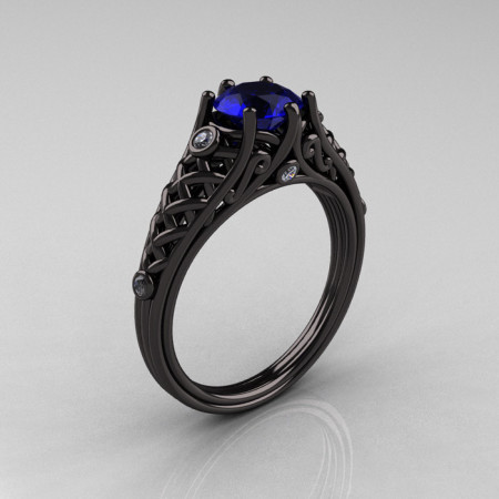 Designer Exclusive Classic 18K Black Gold 1.0 Carat Blue Sapphire Diamond Lace Ring R175-18KBGDBS-1
