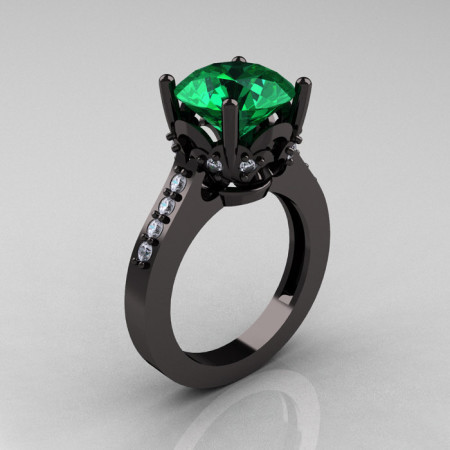 Exclusive Classic 14K Black Gold 3.0 Carat Emerald Diamond Solitaire Wedding Ring R301-14BGDEM-1