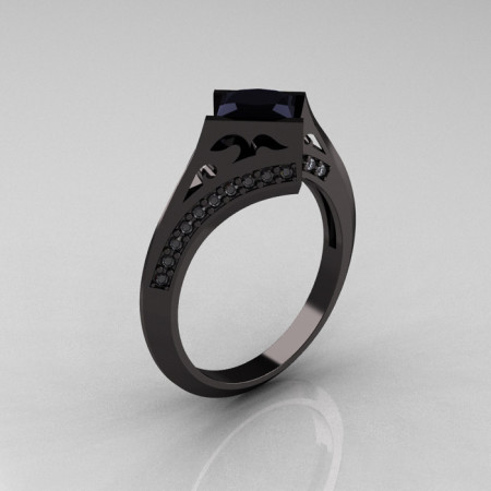 Exclusive French 14K Black Gold 1.23 CT Princess Black Diamond Engagement Ring R176-14BGDBD-1