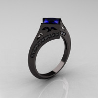 Exclusive French 18K Black Gold 1.23 CT Princess Blue Sapphire Diamond Engagement Ring R176-18BGDBD-1