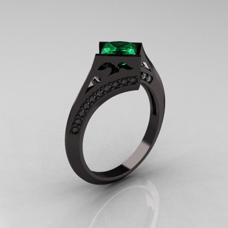 Exclusive French 14K Black Gold 1.23 CT Princess Emerald Diamond Engagement Ring R176-14BGDEM-1