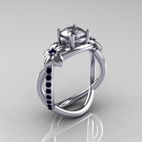 Nature Classic 10K White Gold 1.0 CT Dark Blue and White Sapphire Leaf and Vine Engagement Ring R180-10WGDBWS-1