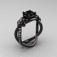 Designer Classic 10K Black Gold 1.0 CT Black Diamond  Leaf and Vine Wedding Ring Engagement Ring R180-10KBGDBD-1