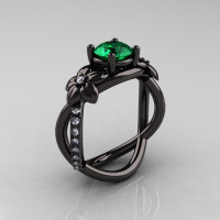 Designer Classic 18K Black Gold 1.0 CT Emerald Diamond  Leaf and Vine Wedding Ring Engagement Ring R180-18KBGDEM-1