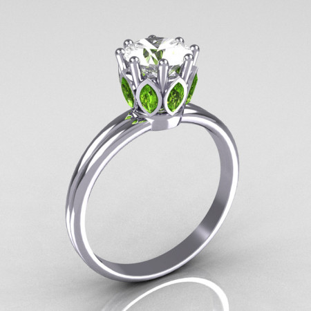 Modern French Antique 18K White Gold Marquise Peridot 1.0 CT Round Zirconia Solitaire Ring R90-18KWGCZP-1