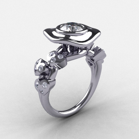 Natures Nouveau 14K White Gold CZ Diamond Leaf and Mushroom Wedding Ring Engagement Ring NN103A-14KWGDCZ-1