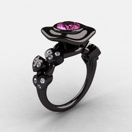 14K Black Gold Pink Sapphire Diamond Leaf and Mushroom Wedding Ring Engagement Ring NN103A-14KBGDPS-1