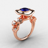 18K Rose Gold Blue Sapphire Diamond Leaf and Mushroom Wedding Ring Engagement Ring NN103A-18KRGDBS-1