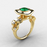 14K Yellow Gold Emerald Diamond Leaf and Mushroom Wedding Ring Engagement Ring NN103A-14KYGDEM-1