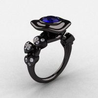 14K Black Gold Blue Sapphire Diamond Leaf and Mushroom Wedding Ring Engagement Ring NN103A-14KBGDBS-1