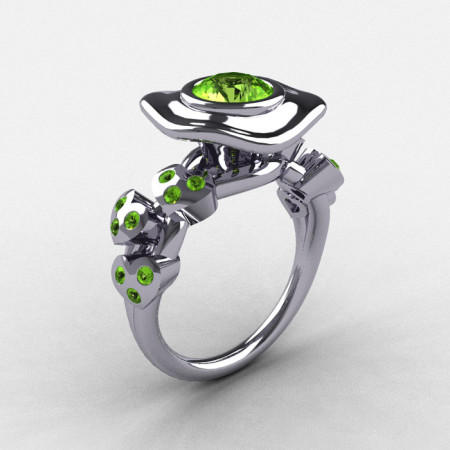14K White Gold Peridot Leaf and Mushroom Wedding Ring Engagement Ring NN103A-14KWGP-1