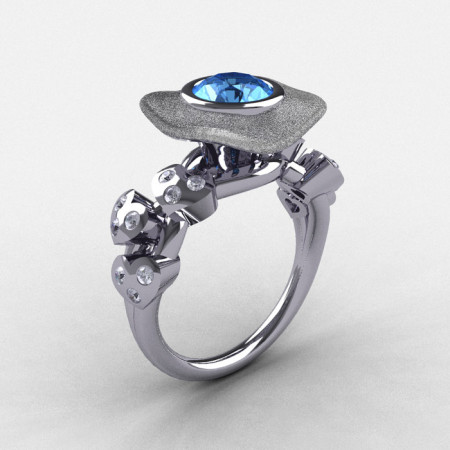 Natures Nouveau 14K White Gold Blue Topaz Diamond Leaf and Mushroom Wedding Ring Engagement Ring NN103SA-14KWGDBT-1