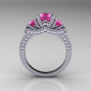 French 18K White Gold Three Stone Pink Sapphire Diamond Wedding Ring Engagement Ring R182-18KWGDPS-2