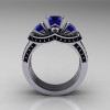 French 14K White Gold Three Stone Blue Sapphire Black Diamond Wedding Ring Engagement Ring Double Flush Bridal Set R182S2-14KWGBDBS-2