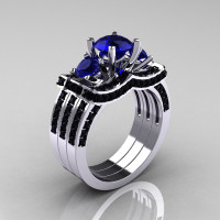French 14K White Gold Three Stone Blue Sapphire Black Diamond Wedding Ring Engagement Ring Double Flush Bridal Set R182S2-14KWGBDBS-1