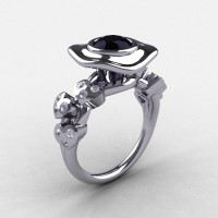 14K White Gold Black Diamond Leaf and Mushroom Wedding Ring Engagement Ring NN103A-14KWGDBD-1