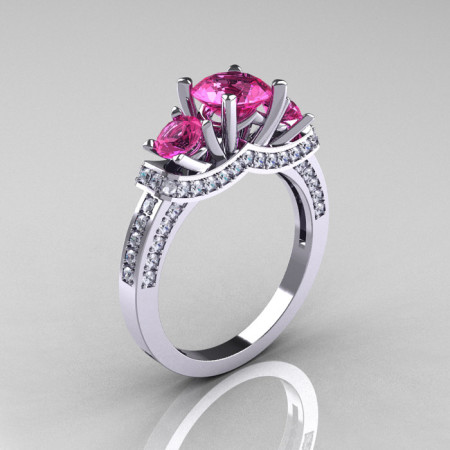 French 18K White Gold Three Stone Pink Sapphire Diamond Wedding Ring Engagement Ring R182-18KWGDPS-1