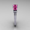 French 18K White Gold Three Stone Pink Sapphire Diamond Wedding Ring Engagement Ring R182-18KWGDPS-3