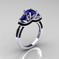 French 14K White Gold Three Stone Blue Sapphire Black Diamond Wedding Ring Engagement Ring R182-14KWGBDBS-1