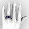 French 14K White Gold Three Stone Blue Sapphire Black Diamond Wedding Ring Engagement Ring Double Flush Bridal Set R182S2-14KWGBDBS-5