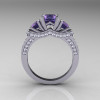French 18K White Gold Three Stone Alexandrite Diamond Wedding Ring Engagement Ring R182-18KWGDAL-2