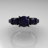 French 14K Black Gold Three Stone Dark Blue Sapphire Wedding Ring Engagement Ring R182-14KBGDDBS-4