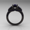 French 14K Black Gold Three Stone Dark Blue Sapphire Wedding Ring Engagement Ring R182-14KBGDDBS-2