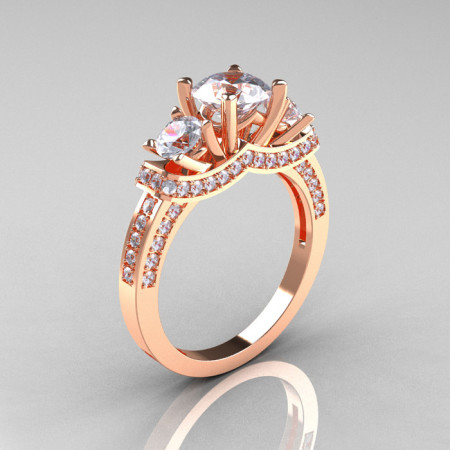 French 14K Rose Gold Three Stone CZ Diamond Wedding Ring Engagement Ring R182-14KRGDCZ-1