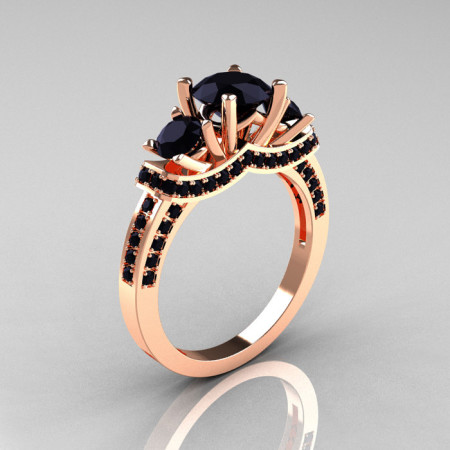 French 18K Rose Gold Three Stone Black Diamond Wedding Ring Engagement Ring R182-18KRGBDD-1