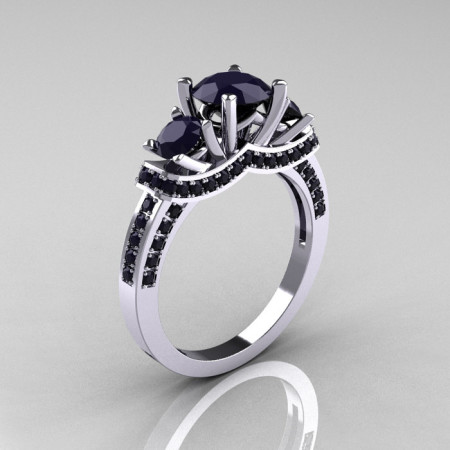 French Platinum Three Stone Dark Blue Sapphire Wedding Ring Engagement Ring R182-PLATDBS-1