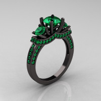 French 14K Black Gold Three Stone Emerald Wedding Ring Engagement Ring R182-14KBGEM-1