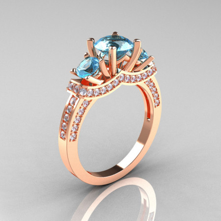 French 14K Rose Gold Three Stone Aquamarine Diamond Wedding Ring Engagement Ring R182-14KRGDAQ-1