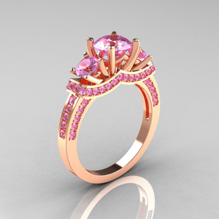 French 14K Rose Gold Three Stone Light Pink Sapphire Wedding Ring Engagement Ring R182-14KRGLPS-1
