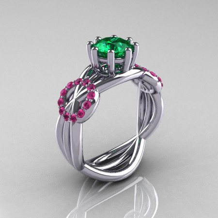 Modern Bridal 18K White Gold 1.0 CT Emerald Pink Sapphire Designer Ring R181-18KWGPSEM-1