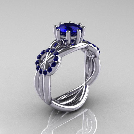 Modern Bridal 14K White Gold 1.0 CT Blue Sapphire Designer Ring R181-14KWGBSS-1