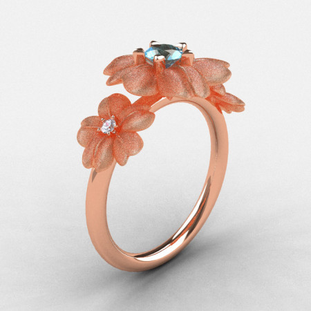 14K Rose Gold Aquamarine Diamond Flower Wedding Ring Engagement Ring NN107-14KRGDAQ-1