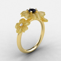 18K Yellow Gold Black Diamond Flower Wedding Ring Engagement Ring NN107-18KYGDBD-1