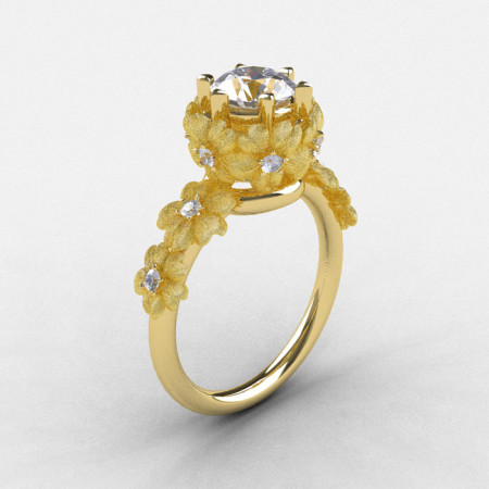 14K Yellow Gold White Sapphire Diamond Flower Wedding Ring Engagement Ring NN109S-14KYGDWS-1