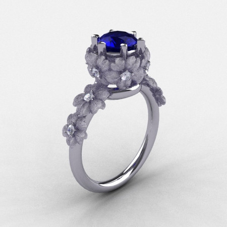 14K White Gold Blue Sapphire Diamond Flower Wedding Ring Engagement Ring NN109S-14KWGDBS-1