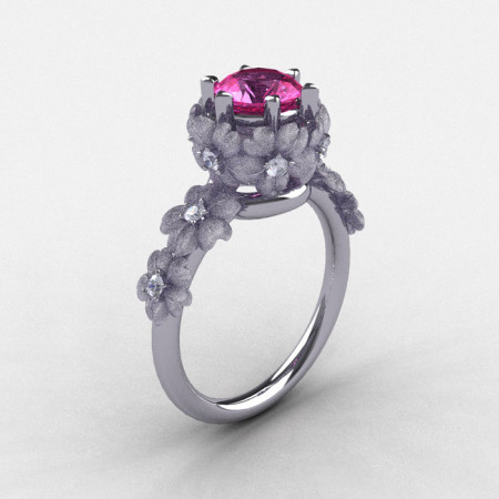 Natures Nouveau 14K White Gold Pink Sapphire Diamond Flower Engagement Ring NN109S-14KWGDPS-1