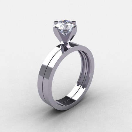 Modern 14K White Gold 1.0 CT White Sapphire Solitaire Engagement Ring Wedding Band Bridal Set R186S-14KWGWS-1