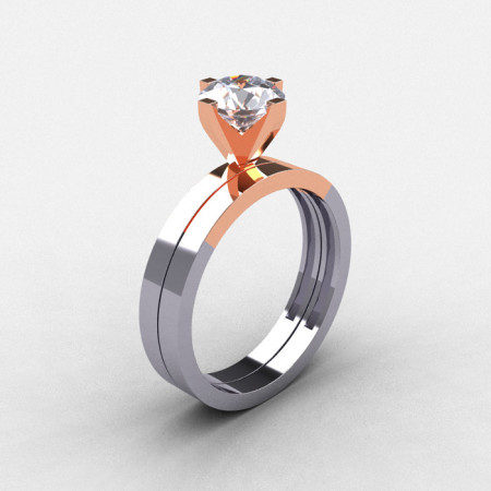 Modern 18K Two Tone Gold 1.0 CT White Sapphire Solitaire Engagement Ring Wedding Band Bridal Set R186S-18KTT4WRGWS-1