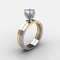 Modern 14K Two Tone Gold 1.0 CT White Sapphire Solitaire Engagement Ring Wedding Band Bridal Set R186S-14KTT2WYGWS-1