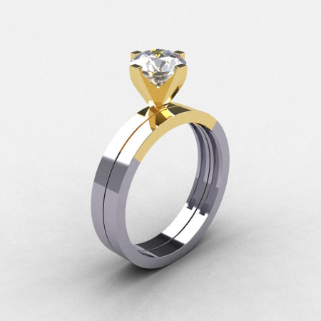 Modern 10K Two Tone Gold 1.0 CT White Sapphire Solitaire Engagement Ring Wedding Band Bridal Set R186S-10KTT3WYGWS-1
