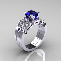 Classic 14K White Gold Blue Sapphire Diamond Solitaire Ring Double Flush Band Bridal Set R188S2-14KWGDBS-1